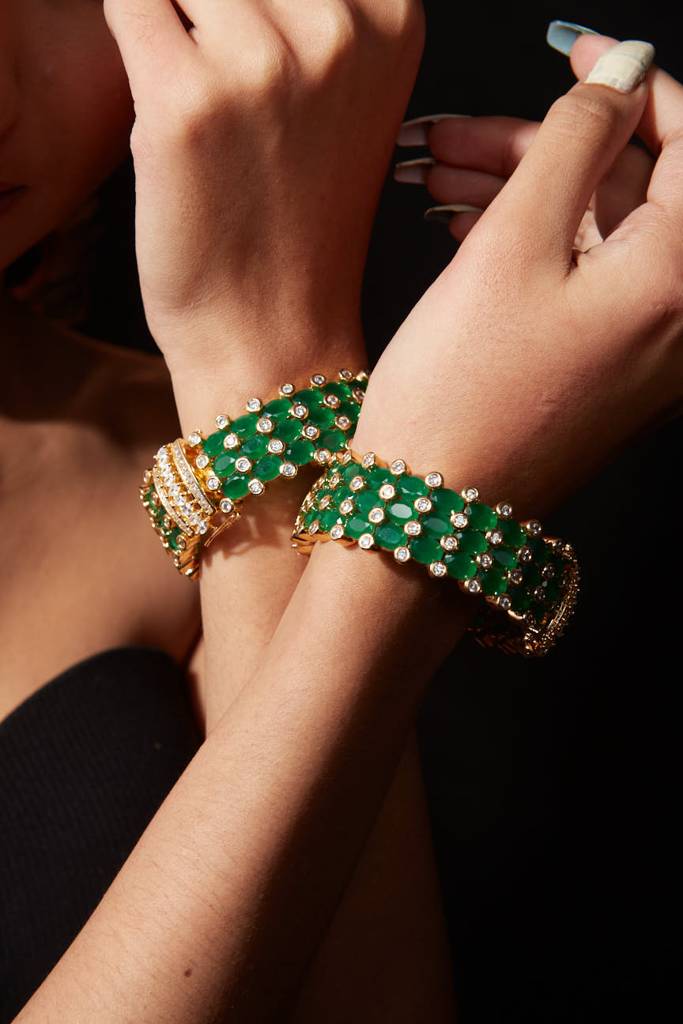 Gold Plated Kundan With Zircon Studded Green Synthetic Stone Bangles, Set Of 2 : VB042