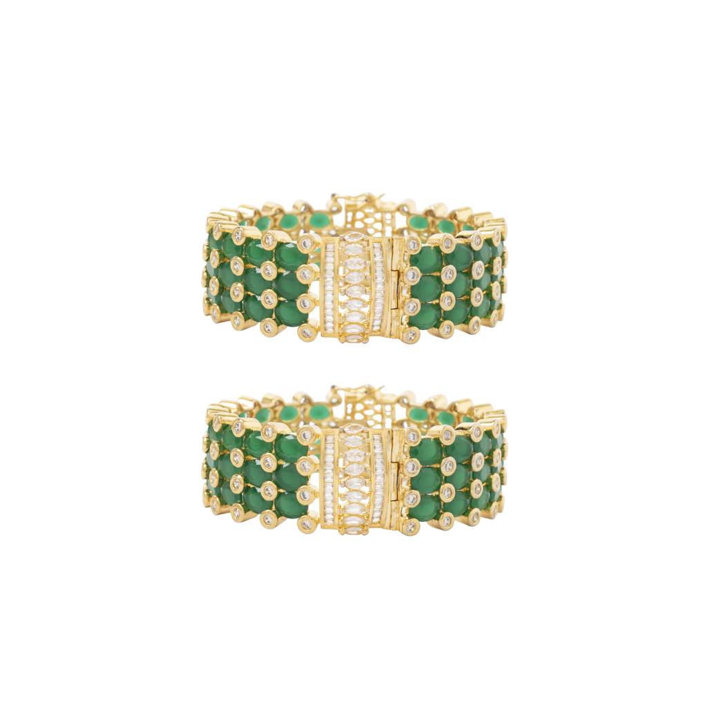 Gold Plated Kundan With Zircon Studded Green Synthetic Stone Bangles, Set Of 2 : VB042
