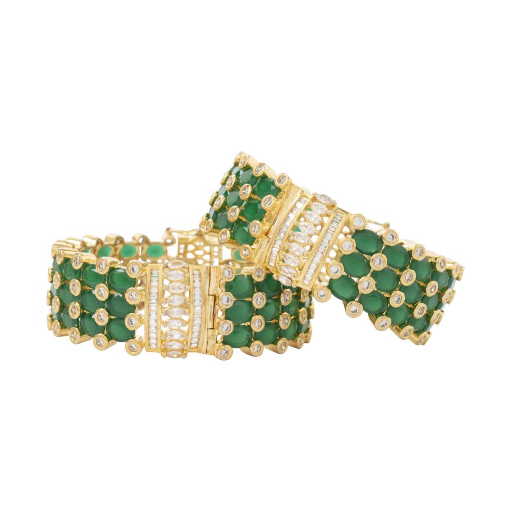 Gold Plated Kundan With Zircon Studded Green Synthetic Stone Bangles, Set Of 2 : VB042