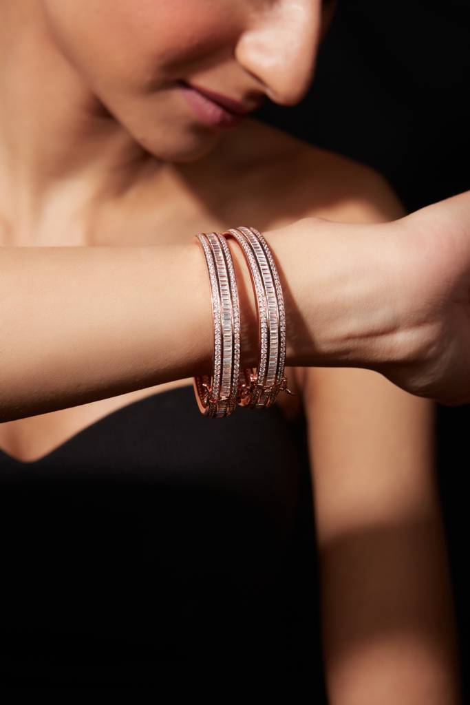 Rose Gold Plated Zircon Studded Pop Style Hook Openable Bangles, Set Of 2 : VB051