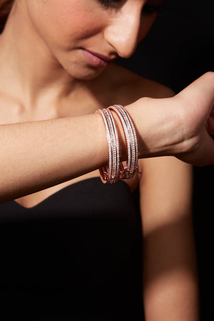 Rose Gold Plated Zircon Studded Pop Style Hook Openable Bangles, Set Of 2 : VB051