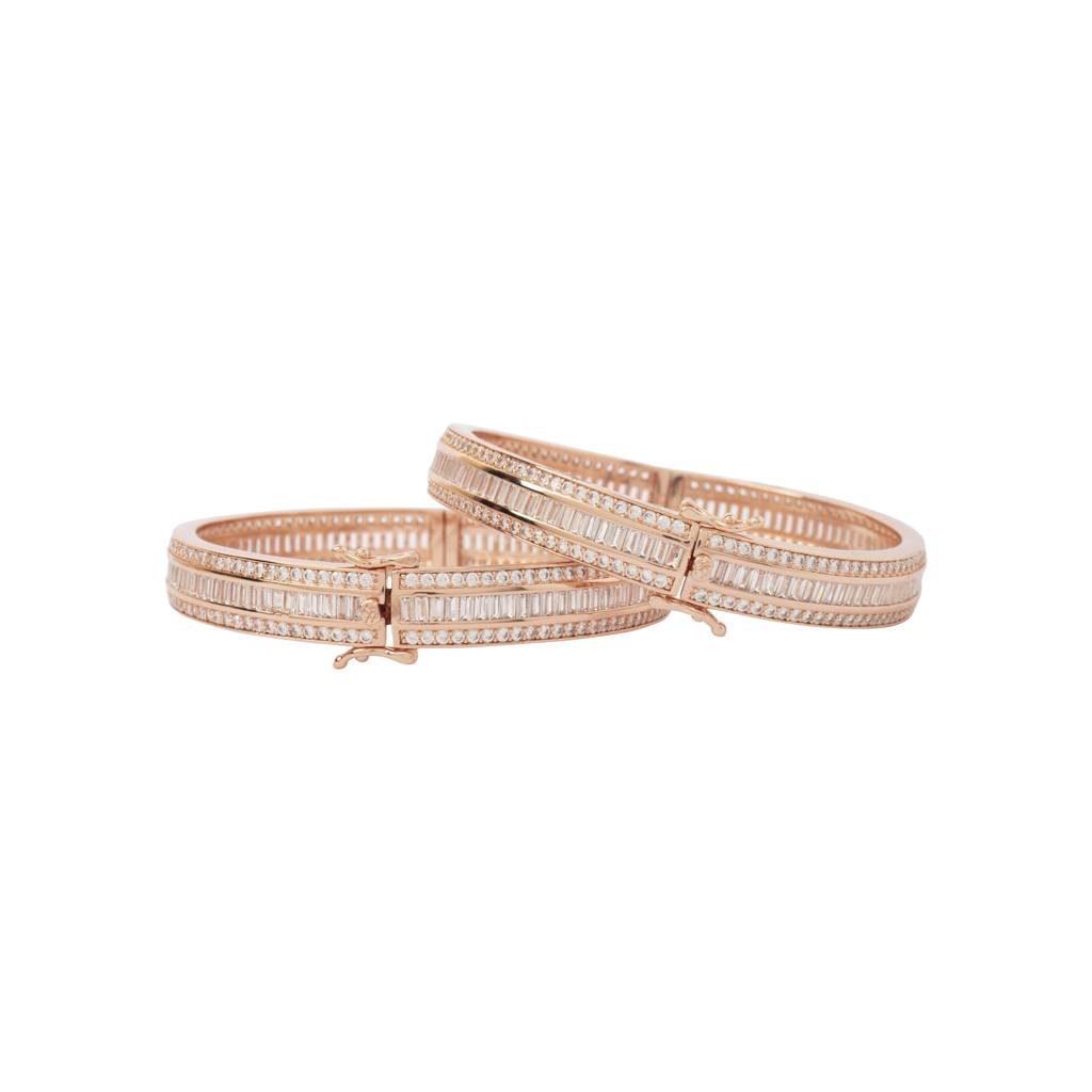 Rose Gold Plated Zircon Studded Pop Style Hook Openable Bangles, Set Of 2 : VB051