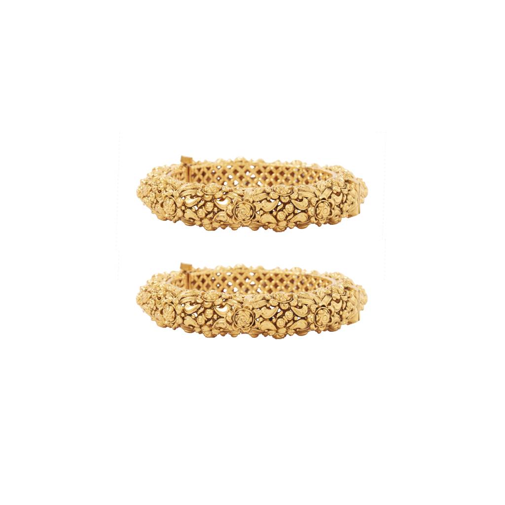 Gold Plated Flower Designed Temple Screw Openable Bangles, Set Of 2 : VB069