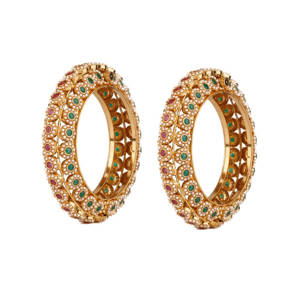 Gold Plated Red & Green Onyx Stone With Pearl Kada Bangles, Set Of 2 : VB097
