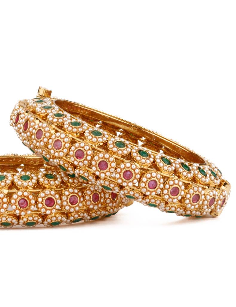 Gold Plated Red & Green Onyx Stone With Pearl Kada Bangles, Set Of 2 : VB097