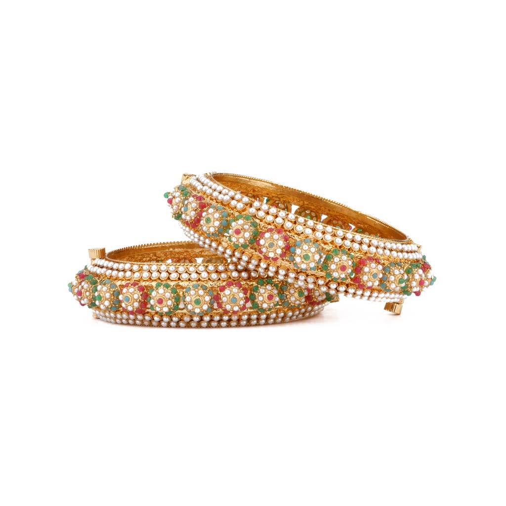 Gold Plated Red & Green Onyx Stone With Pearl Studded Bangles, Set Of 2 : VB098