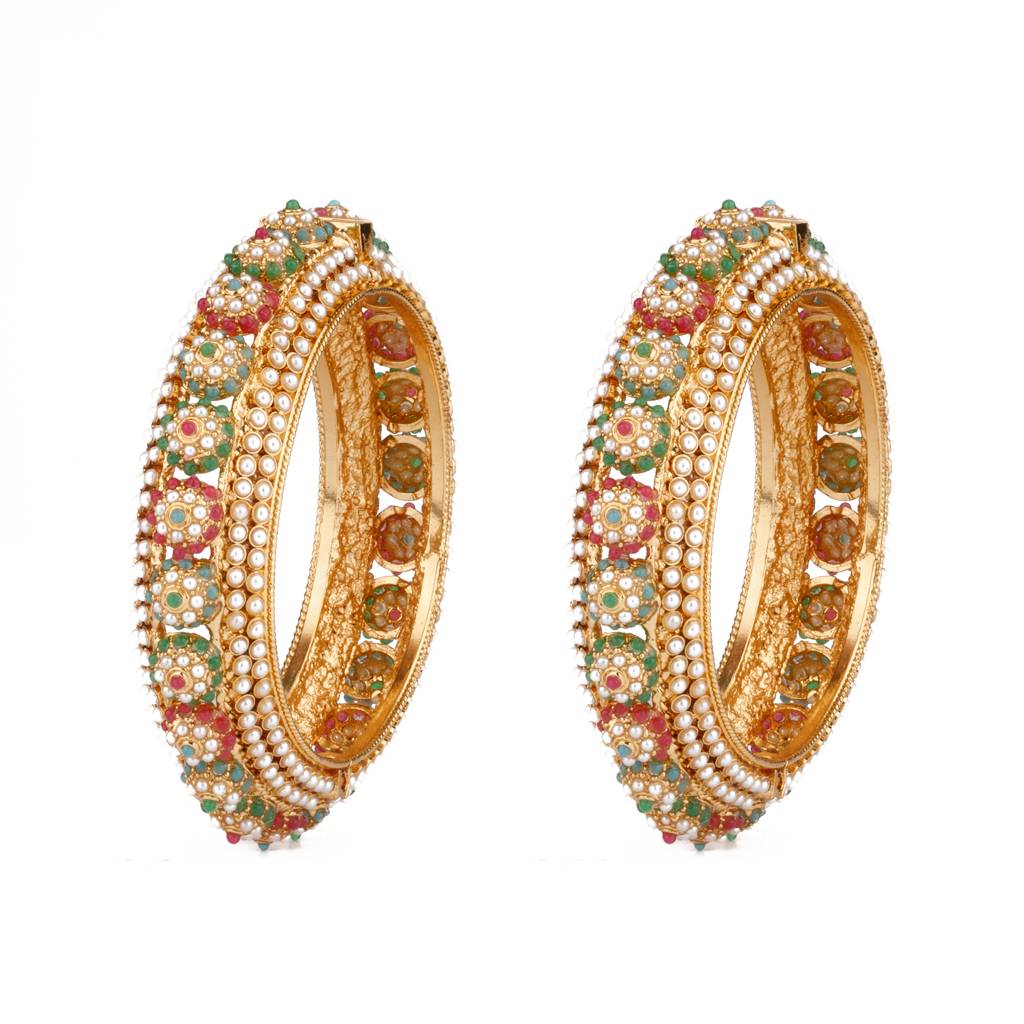 Gold Plated Red & Green Onyx Stone With Pearl Studded Bangles, Set Of 2 : VB098