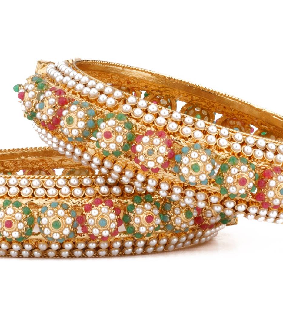 Gold Plated Red & Green Onyx Stone With Pearl Studded Bangles, Set Of 2 : VB098