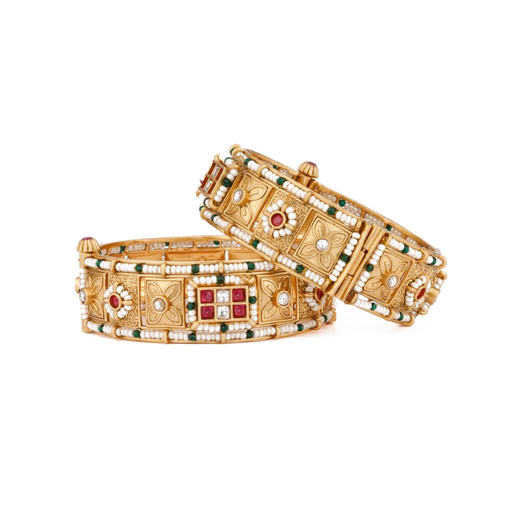 Gold Plated Red & Green Onyx Stone With Pearl Studded Bangles, Set Of 2. : VB103