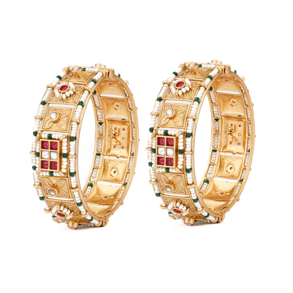 Gold Plated Red & Green Onyx Stone With Pearl Studded Bangles, Set Of 2. : VB103