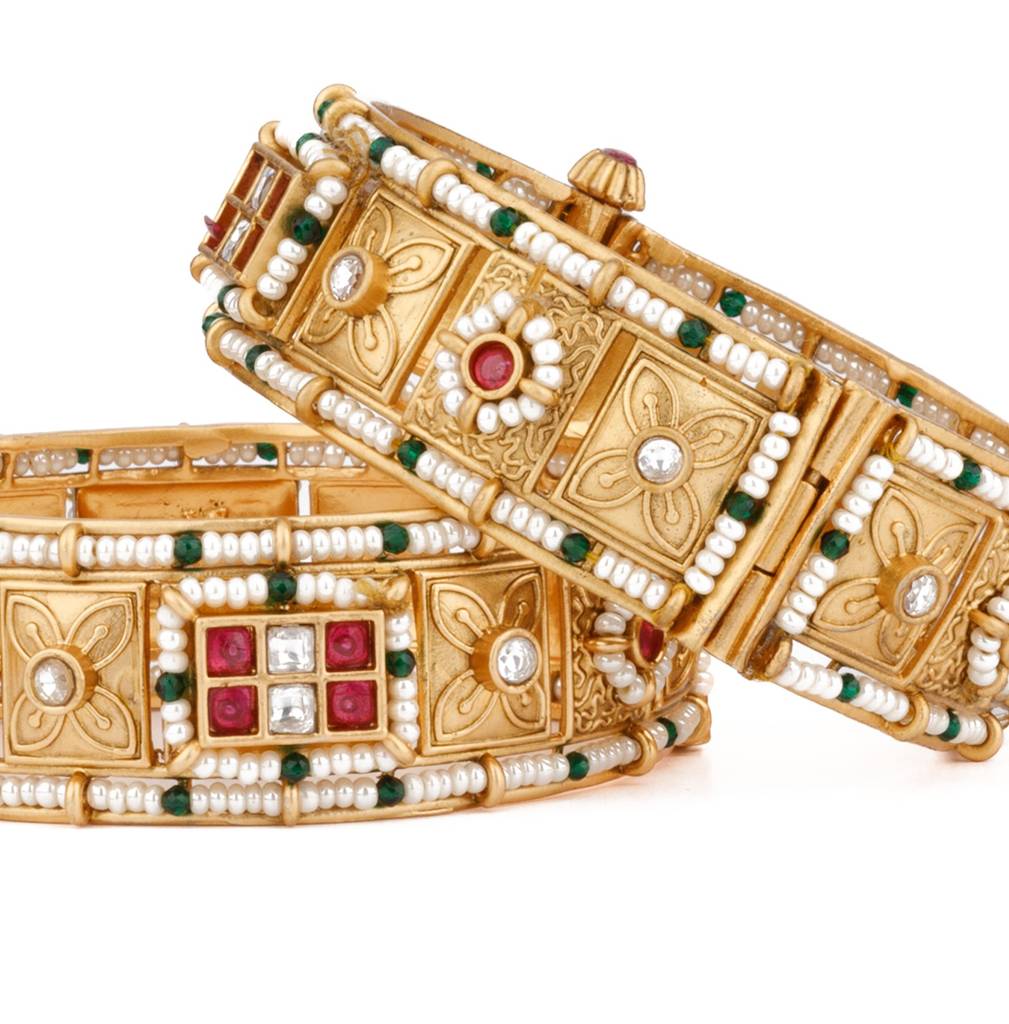 Gold Plated Red & Green Onyx Stone With Pearl Studded Bangles, Set Of 2. : VB103