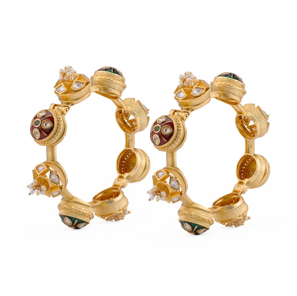 Gold Plated Kundan Studded With Red & Green Onyx Bangles, Set Of 2 : VB110