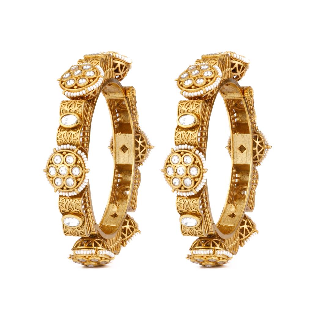 Gold Plated Kundan & Pearls Bangles, Set Of 2. : VB111