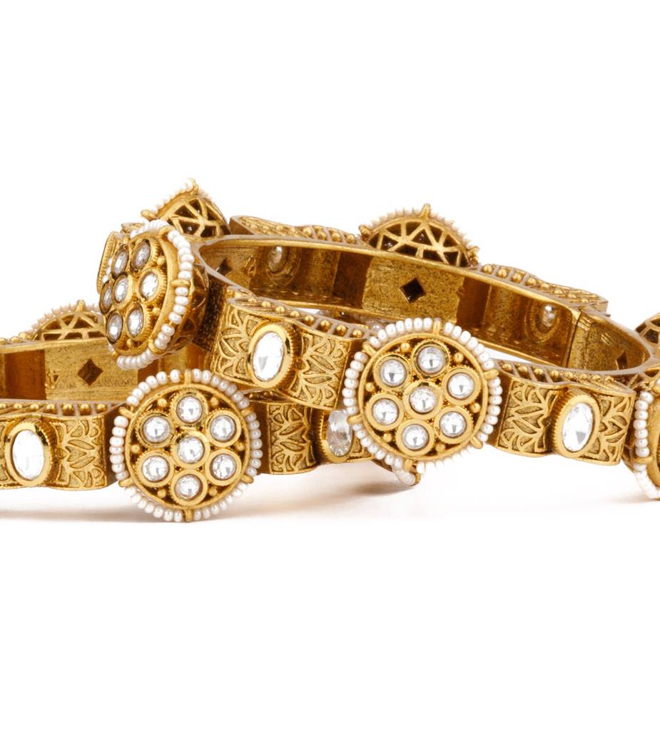 Gold Plated Kundan & Pearls Bangles, Set Of 2. : VB111