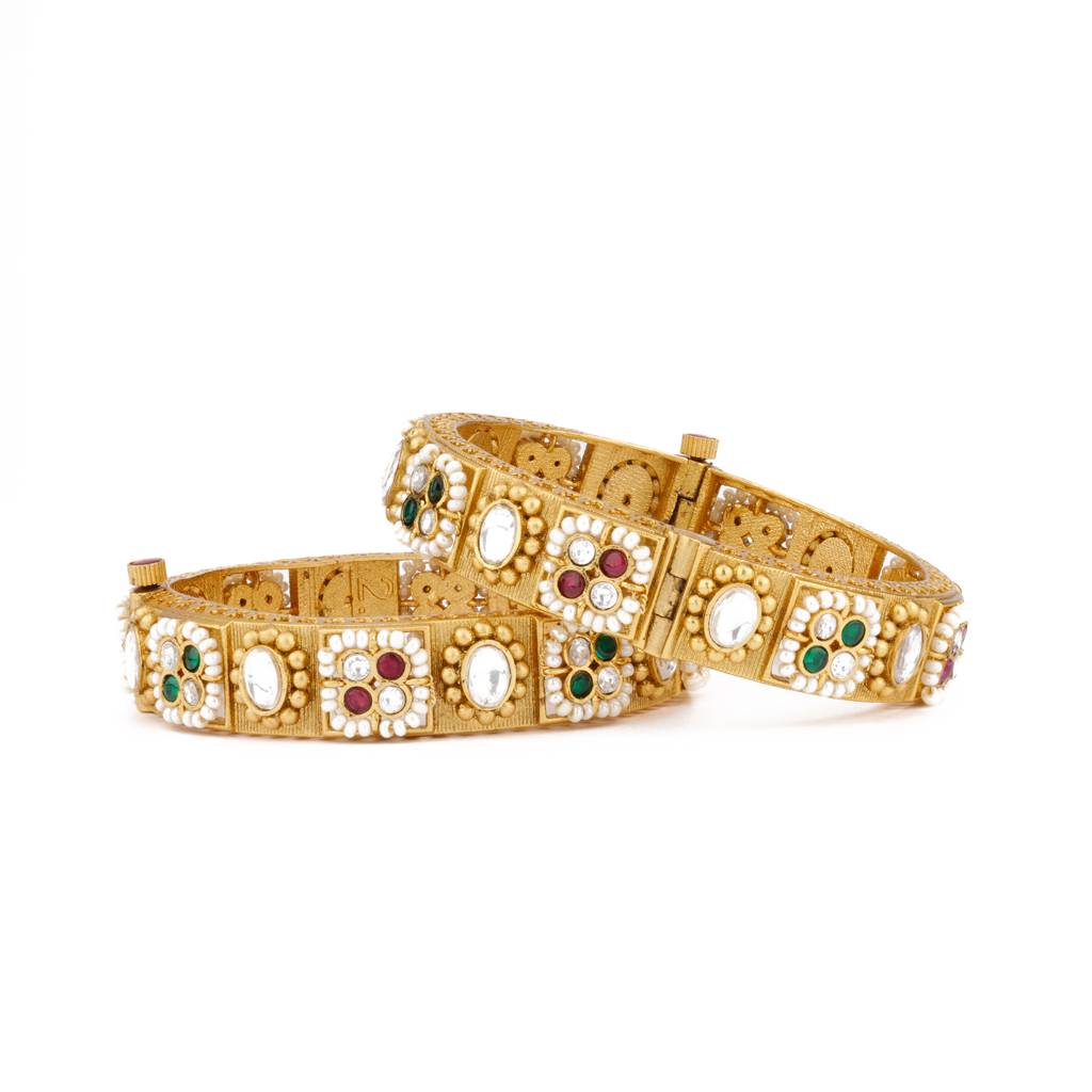 Gold Plated Kundan With Pearls Red & Green Onyx Stone Bangles, Set Of 2 : VB116