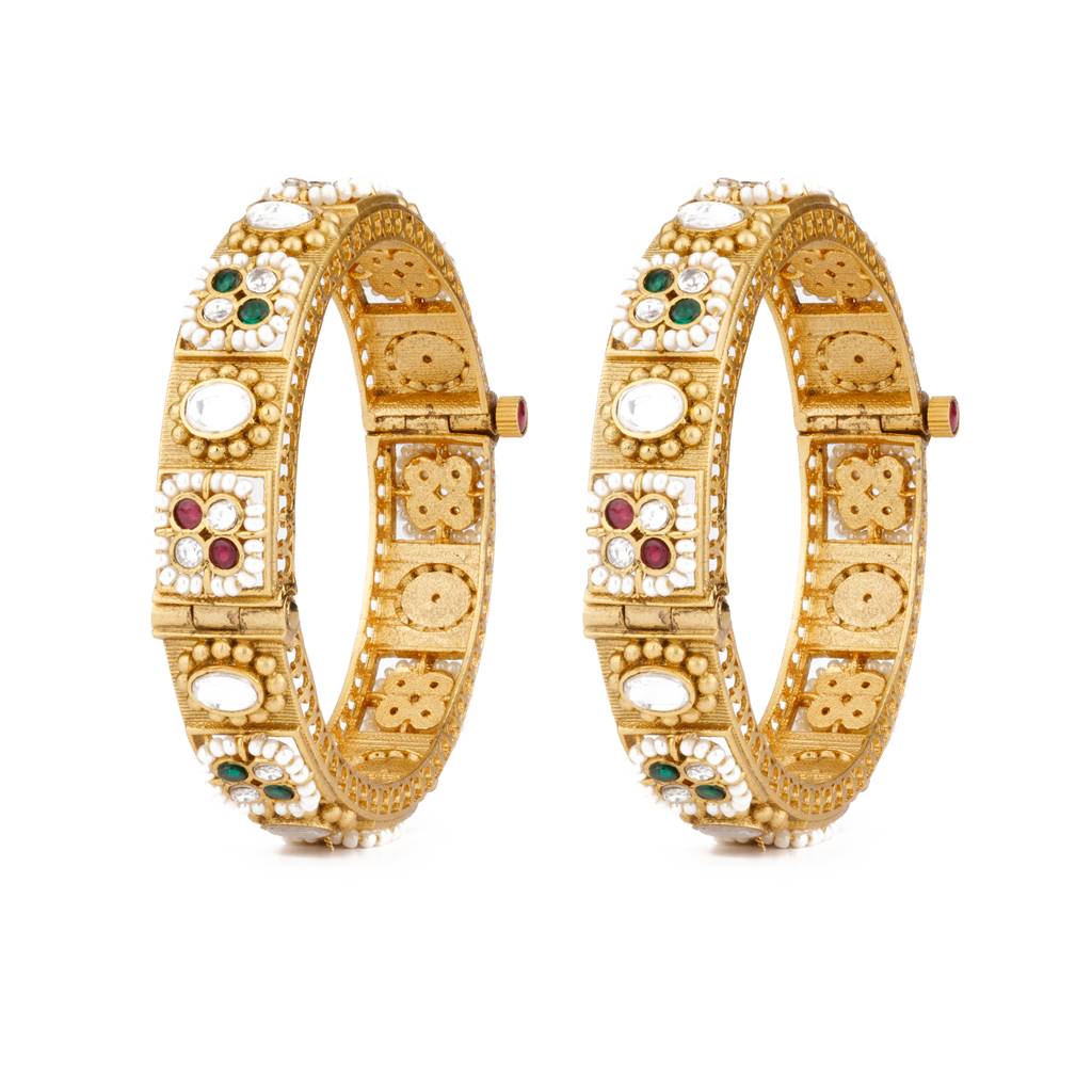 Gold Plated Kundan With Pearls Red & Green Onyx Stone Bangles, Set Of 2 : VB116