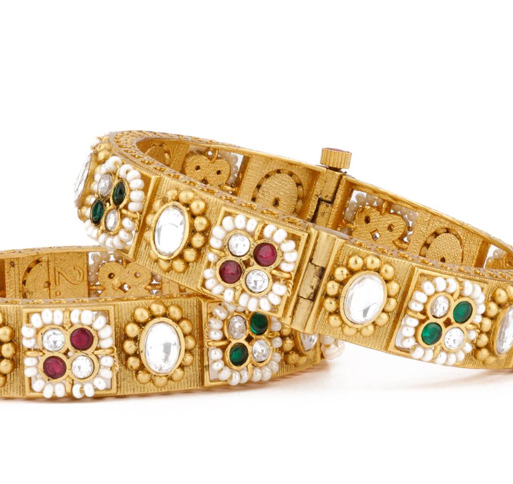Gold Plated Kundan With Pearls Red & Green Onyx Stone Bangles, Set Of 2 : VB116