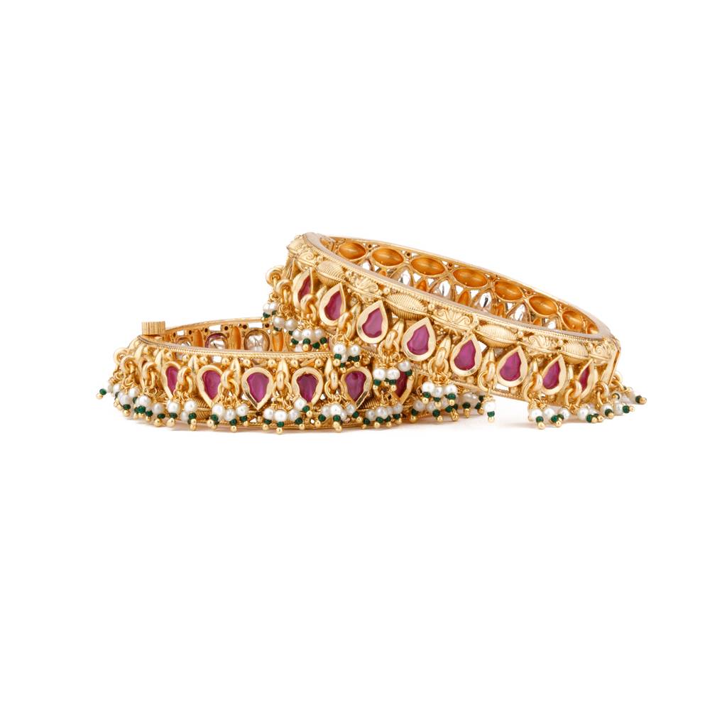 Gold Plated Pink Onyx Stone Studded With Pearl Drop Bangles, Set Of 2 : VB126