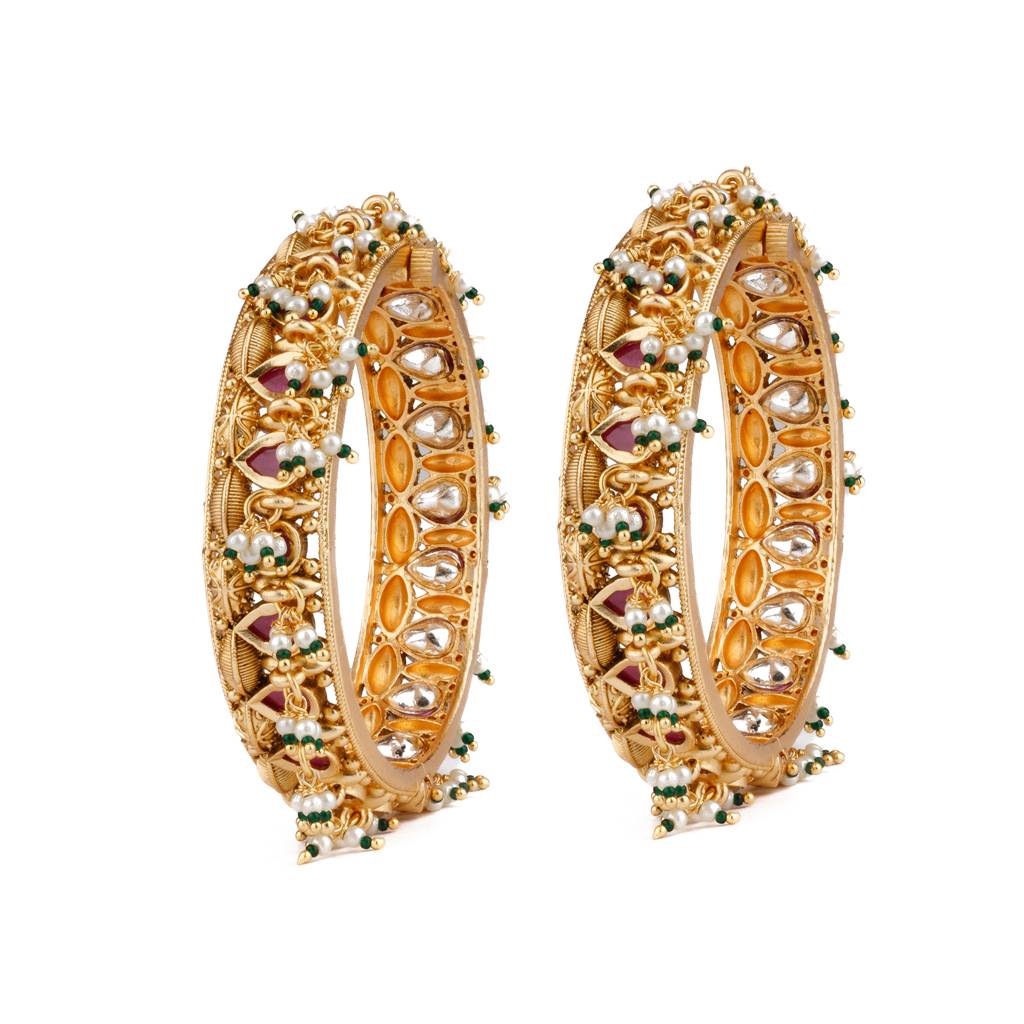 Gold Plated Pink Onyx Stone Studded With Pearl Drop Bangles, Set Of 2 : VB126