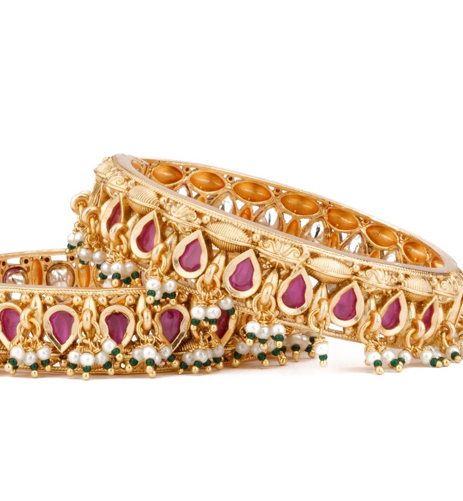Gold Plated Pink Onyx Stone Studded With Pearl Drop Bangles, Set Of 2 : VB126