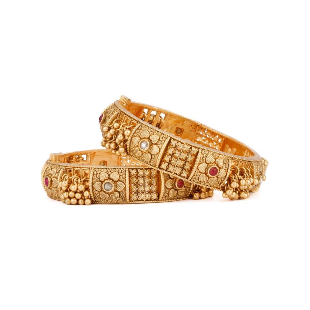 Gold Plated Pink & Silver Onyx Stone Flower Motif Bangles, Set Of 2 : VB131