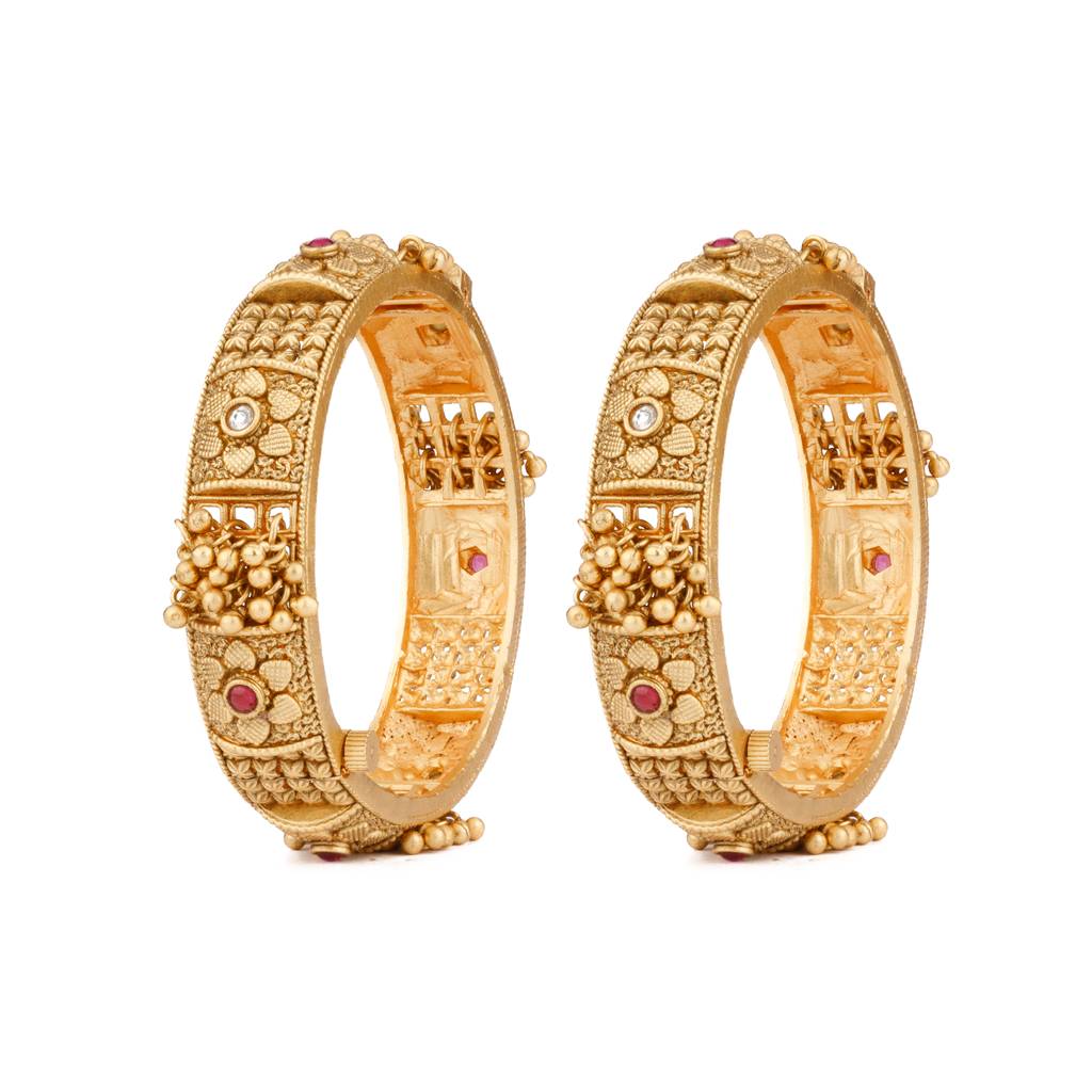 Gold Plated Pink & Silver Onyx Stone Flower Motif Bangles, Set Of 2 : VB131