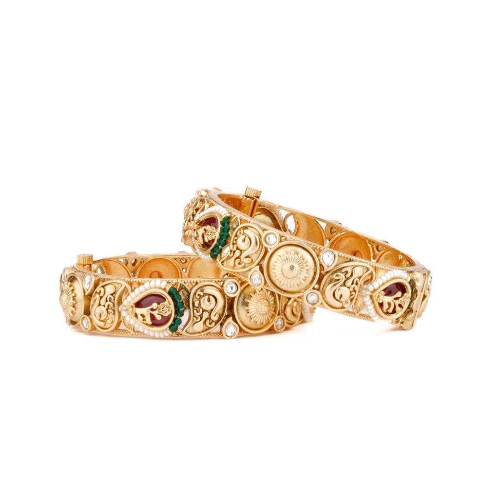 Gold Plated Kundan With Red Onyx Stone & Pearl Bangles, Set Of 2 : VB132