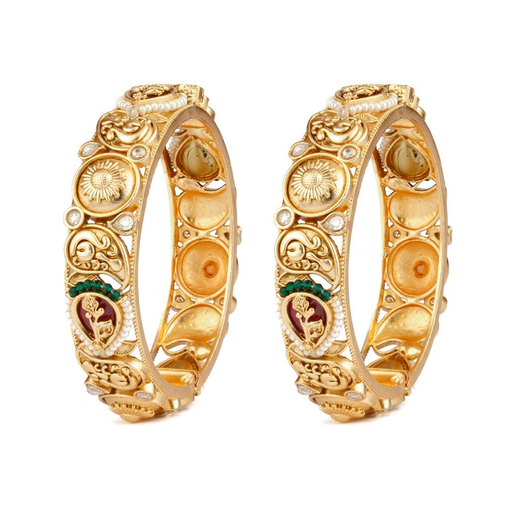 Gold Plated Kundan With Red Onyx Stone & Pearl Bangles, Set Of 2 : VB132