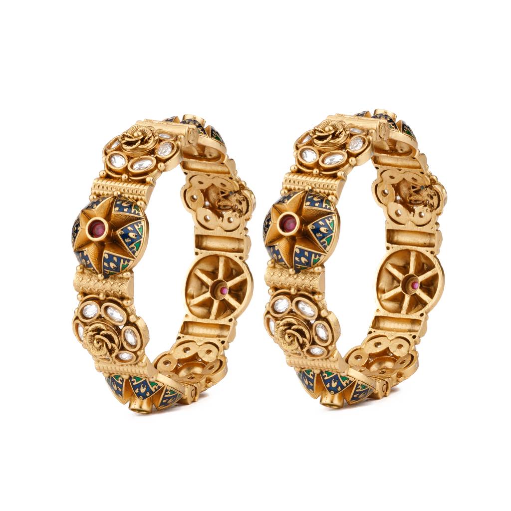 Gold Plated Kundan With Pink Onyx Stone Flower Motif Bangles, Set Of 2 : VB135