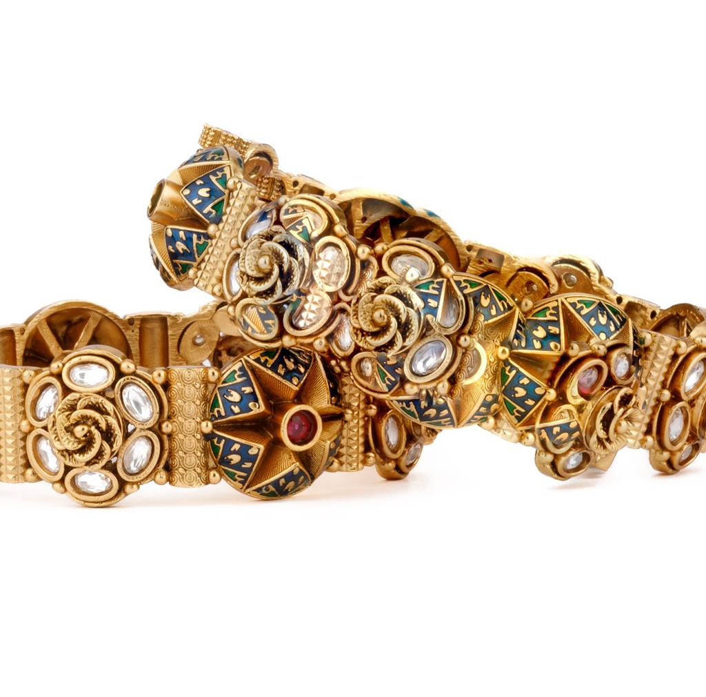 Gold Plated Kundan With Pink Onyx Stone Flower Motif Bangles, Set Of 2 : VB135