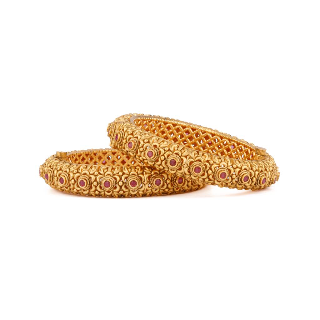 Gold Plated Pink Onyx Stone Studded Flower Motif Temple Bangles, Set Of 2 : VB136
