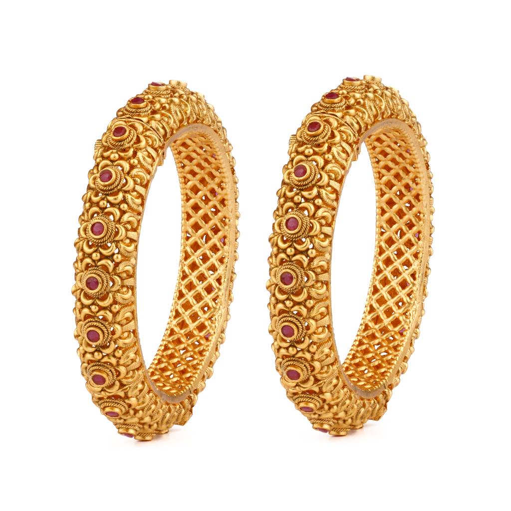 Gold Plated Pink Onyx Stone Studded Flower Motif Temple Bangles, Set Of 2 : VB136