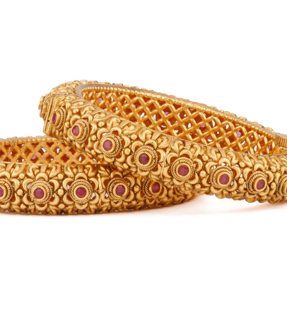 Gold Plated Pink Onyx Stone Studded Flower Motif Temple Bangles, Set Of 2 : VB136