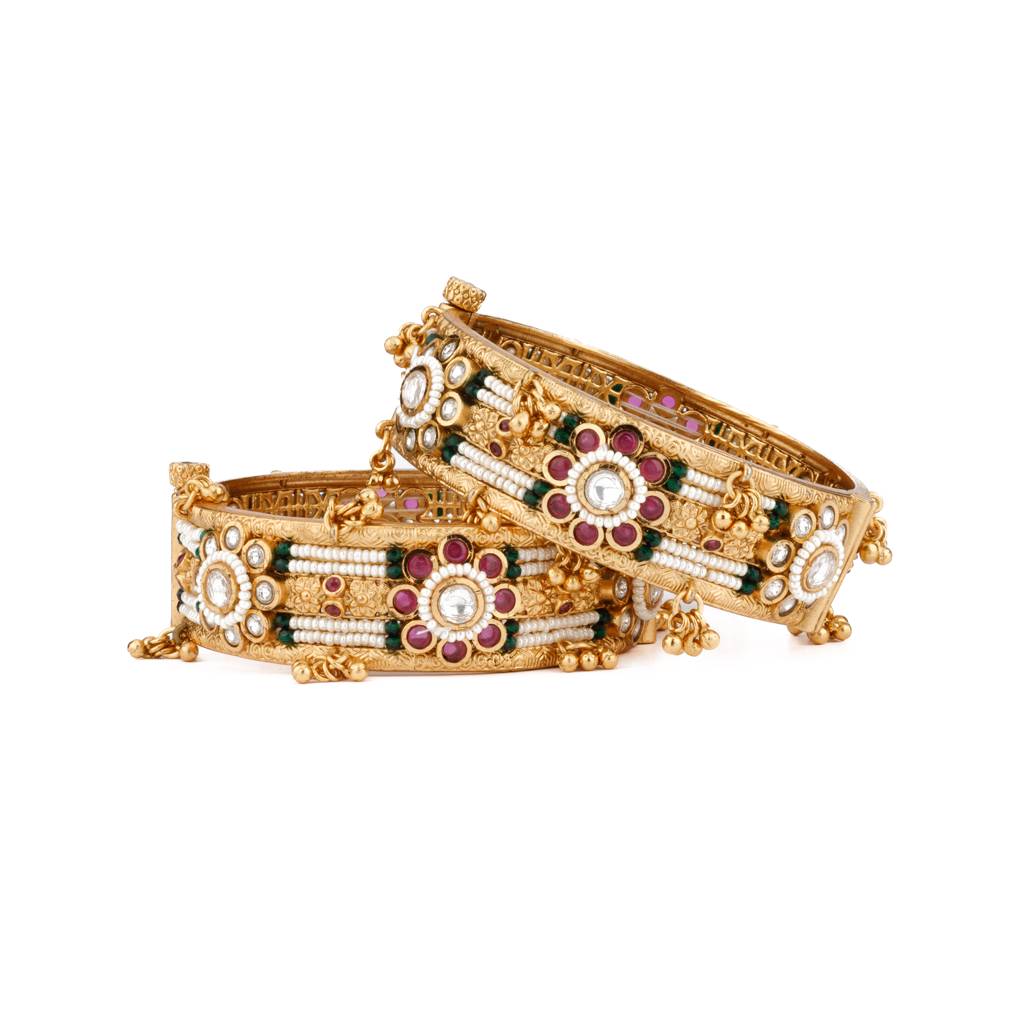 Gold Plated Kundan & Pink Onyx Stone Flower Motif Kada Bangles, Set Of 2 : VB137