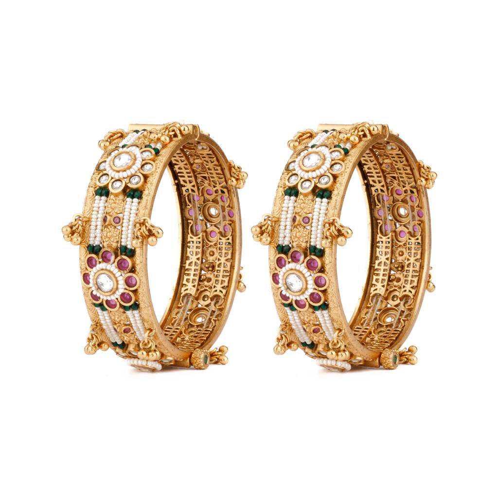 Gold Plated Kundan & Pink Onyx Stone Flower Motif Kada Bangles, Set Of 2 : VB137