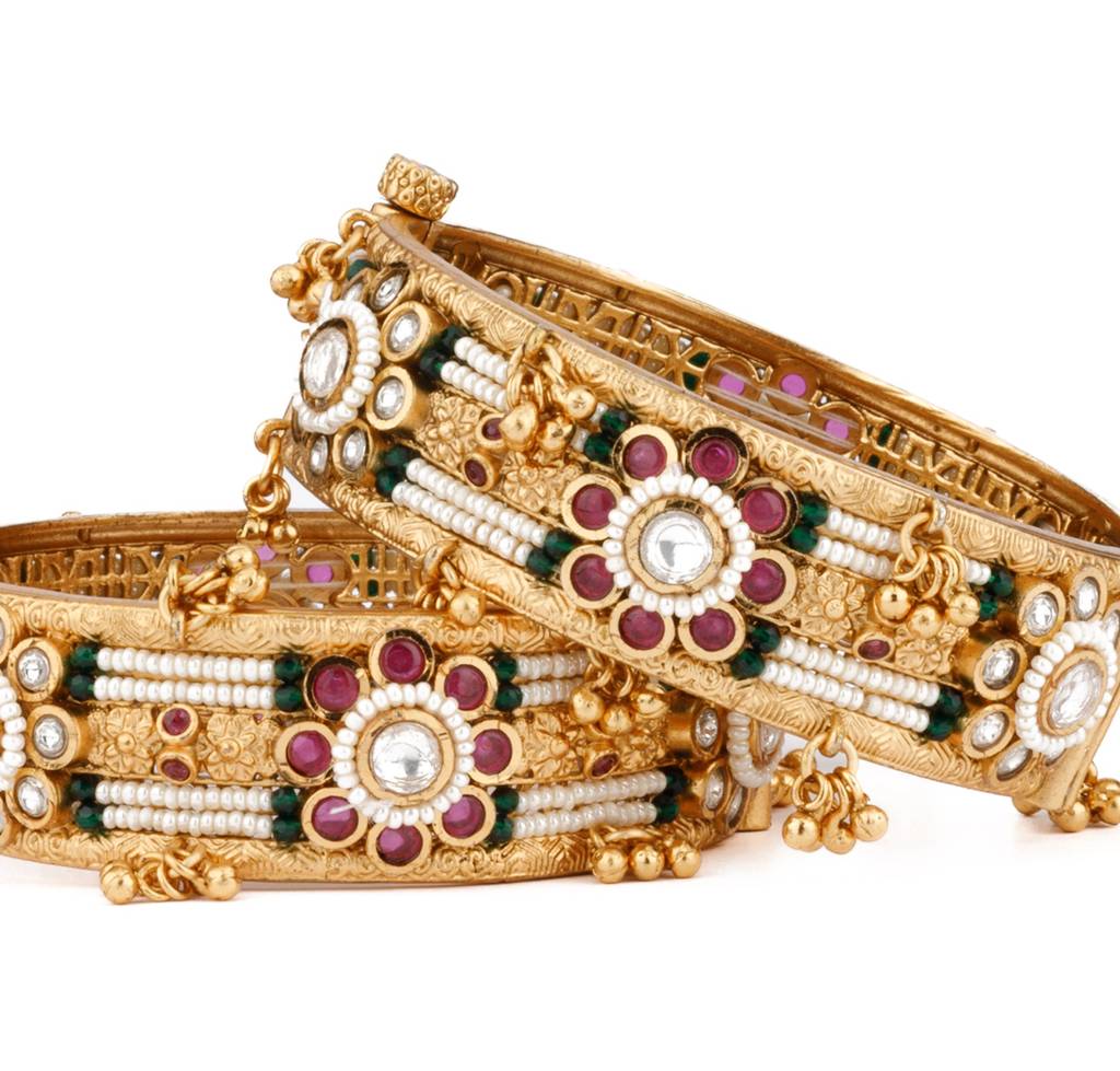 Gold Plated Kundan & Pink Onyx Stone Flower Motif Kada Bangles, Set Of 2 : VB137