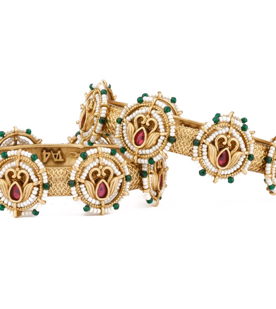 Gold Plated Red Onyx Stone Encircled With Pearls Bangles, Set Of 2 : VB138