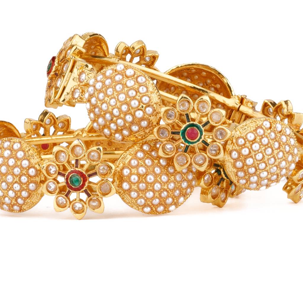 Gold Plated Pearls Studded Openable Bangles, Set Of 2 : VB141