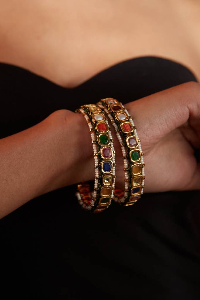 Gold Plated Multi Colour Stones With Encircled Beads Screw Openable Bangles, Set Of 2 : VB305
