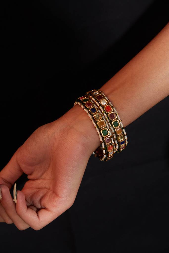 Gold Plated Multi Colour Stones With Encircled Beads Screw Openable Bangles, Set Of 2 : VB305