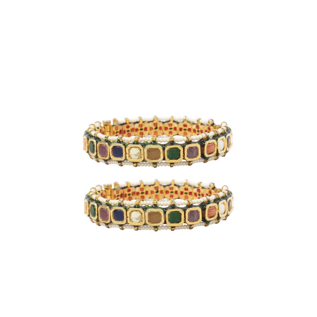 Gold Plated Multi Colour Stones With Encircled Beads Screw Openable Bangles, Set Of 2 : VB305