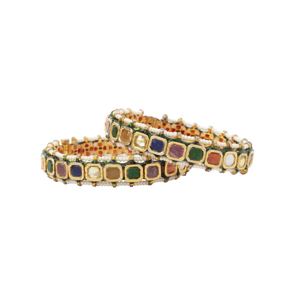 Gold Plated Multi Colour Stones With Encircled Beads Screw Openable Bangles, Set Of 2 : VB305