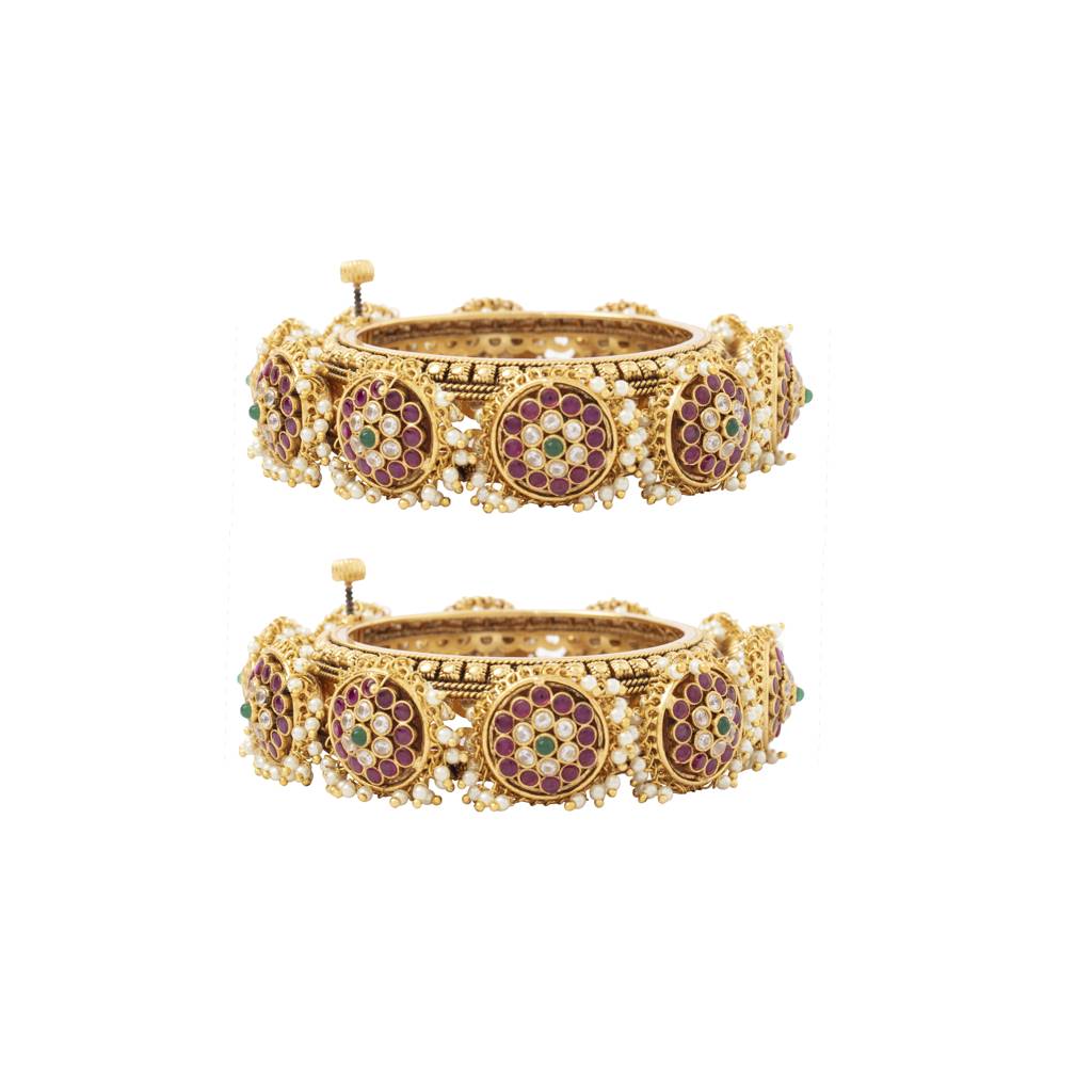 Gold Plated Kundan With Red Onyx Stone Screw Openable Bangles Set Of 2 : VB309