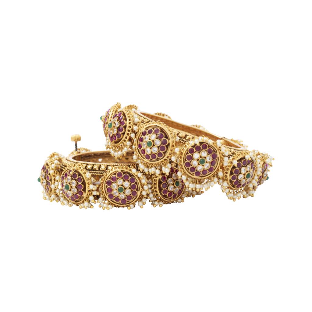 Gold Plated Kundan With Red Onyx Stone Screw Openable Bangles Set Of 2 : VB309