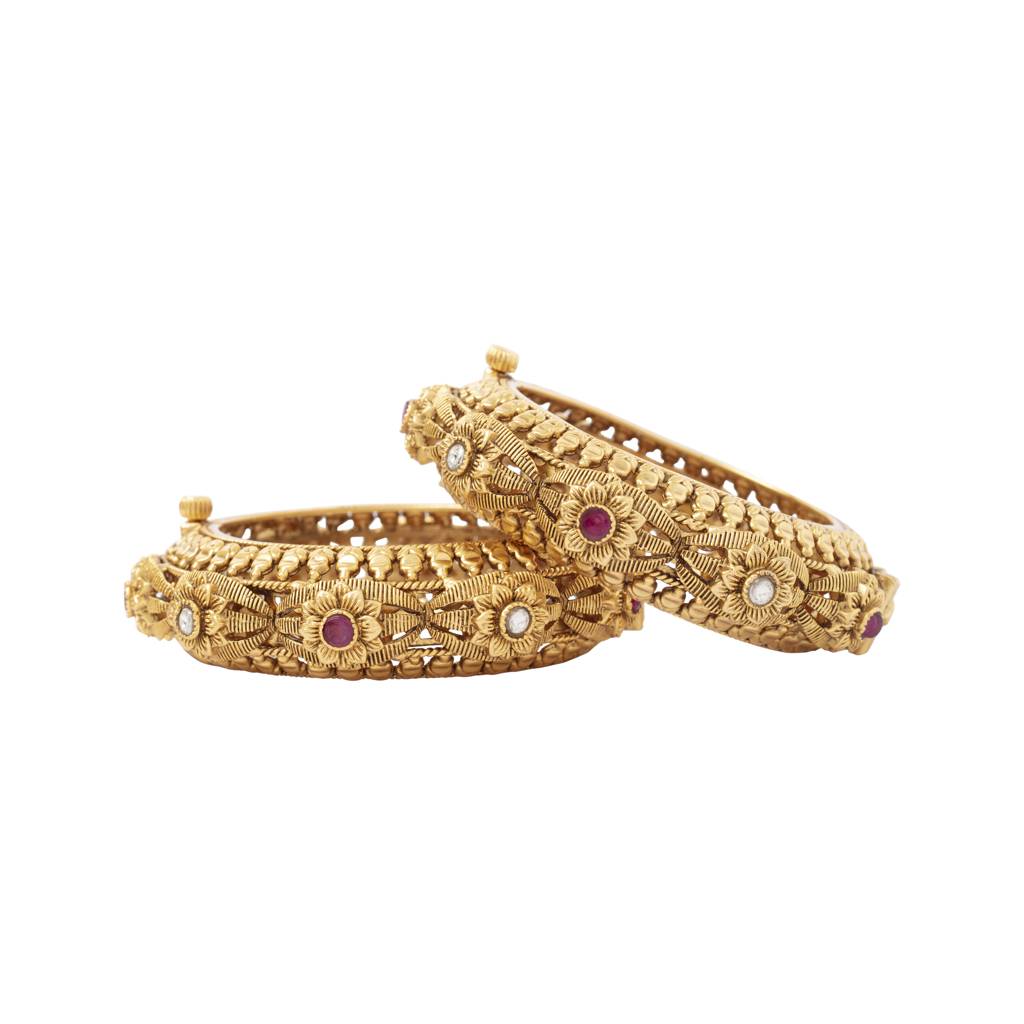Gold Plated Kundan With Red Onyx Stone Screw Openable Bangles Set Of 2. : VB330