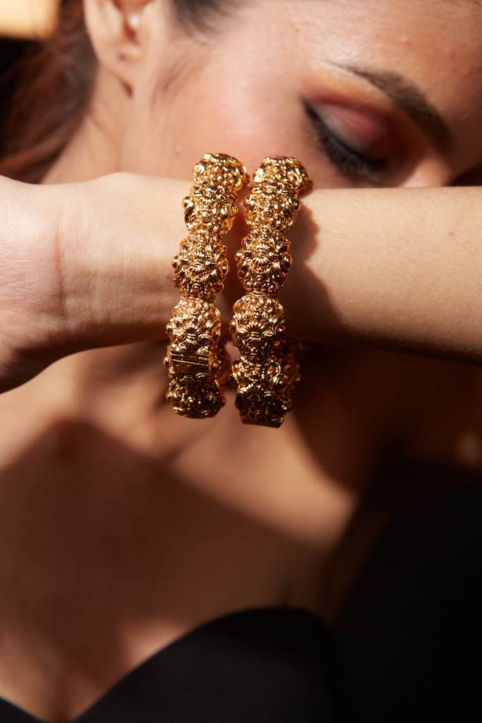 Gold Plated Flower Motif Temple Screw Openable Bangles, Set Of 2 : VB331