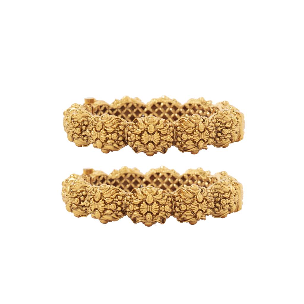 Gold Plated Flower Motif Temple Screw Openable Bangles, Set Of 2 : VB331
