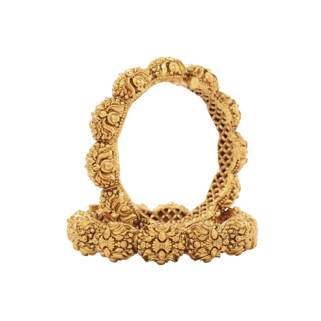 Gold Plated Flower Motif Temple Screw Openable Bangles, Set Of 2 : VB331