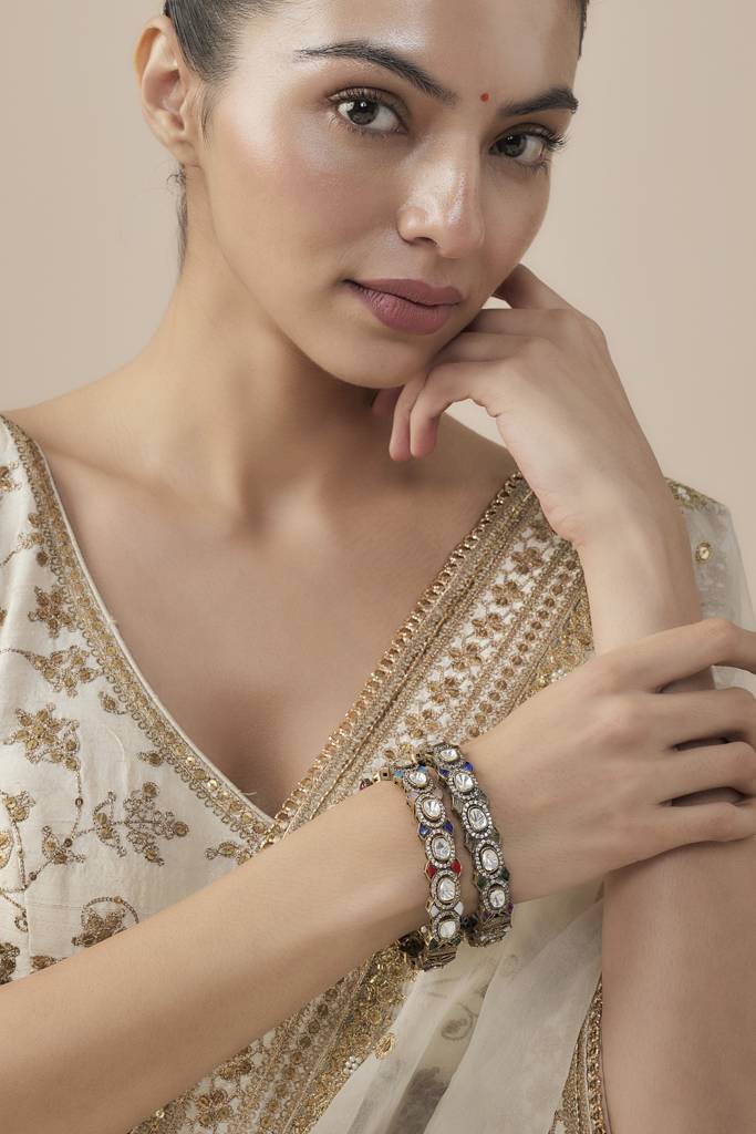 Vivinia By Vidhi Mehra Gold Plated Multicolored Womens Kundan, Polki Pair Of Bangles-Vb664 : VB664