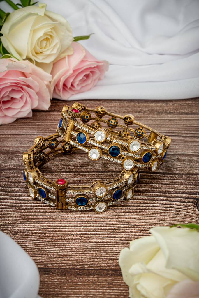 Vivinia By Vidhi Mehra Burgundy Gold Plated Blue Womens Kundan, Polki Pair Of Bangles -Vb667 : VB667
